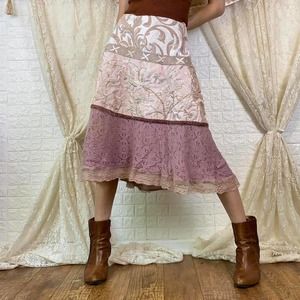 Vintage Basil & Maude boho tan tiered lace midi skirt